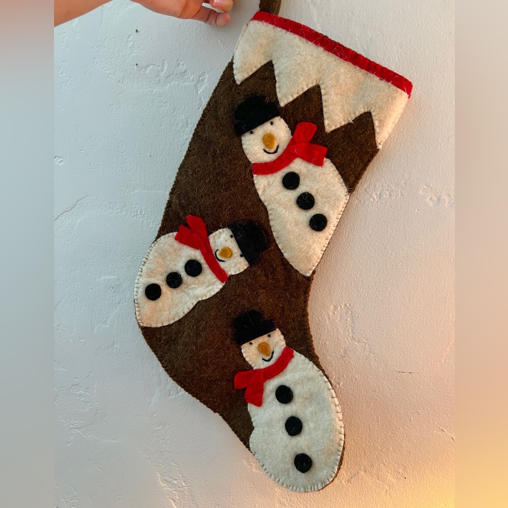 100% wool snowmen snowman stocking brown red white appliqué hand stitched retro